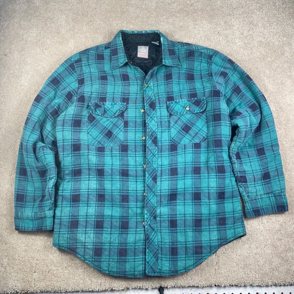 Outdoor Exchange Mens Large Quilted Flannel Shirt Jacket Teal Black Plaid